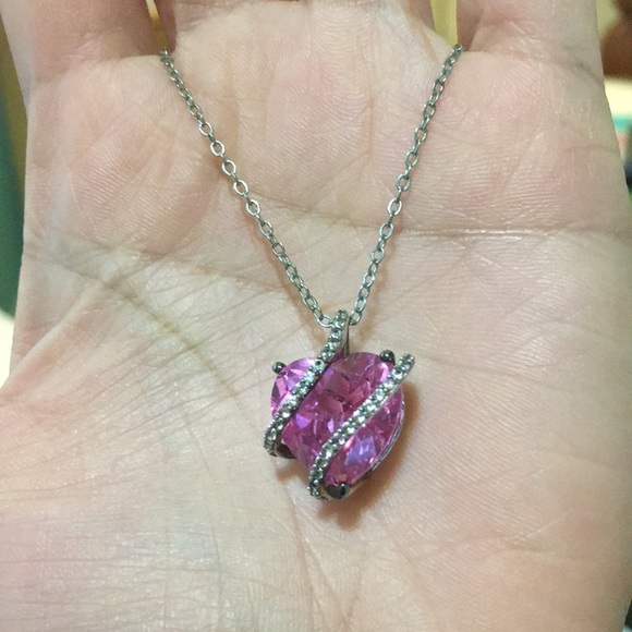 Lab created Pink and White Sapphire Heart necklace - Picture 8 of 13